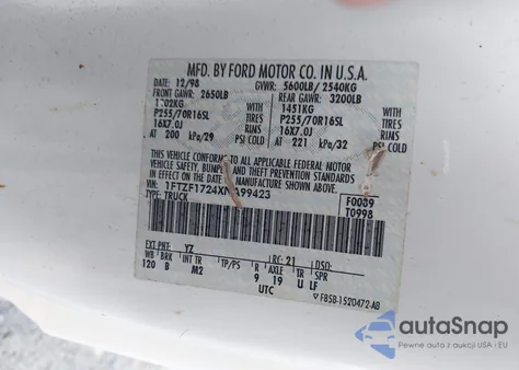 1999 Ford F-150 Work Series/Xl/Xlt from USA, damaged, VIN 1FTZF1724XNA99423